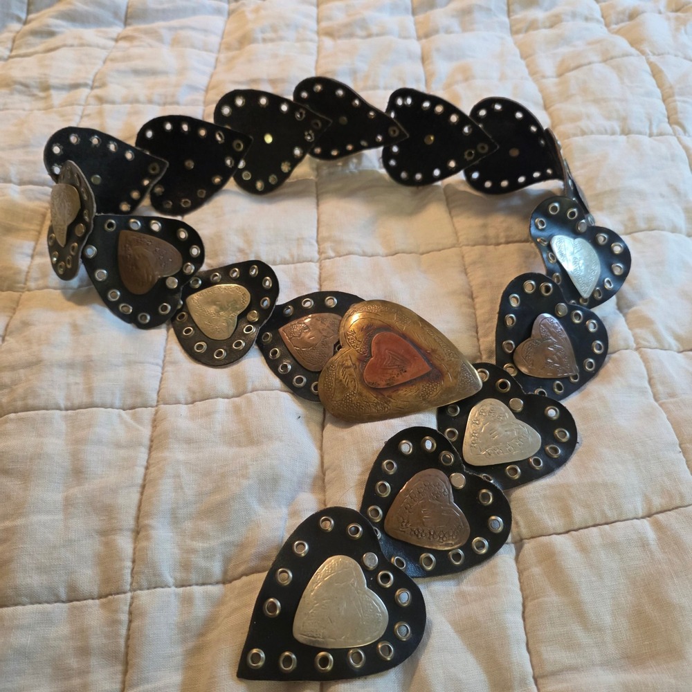 Vintage Heart Link Belt Womens  Black Leather Mixed Metal Patina Made in Morocco